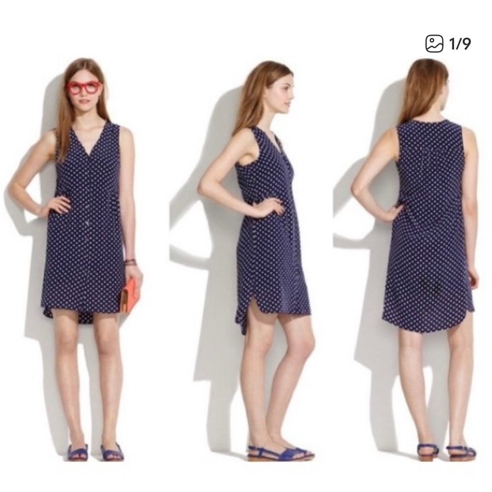 Madewell Navy and white Polka Dot Mini Dress 100% silk size large